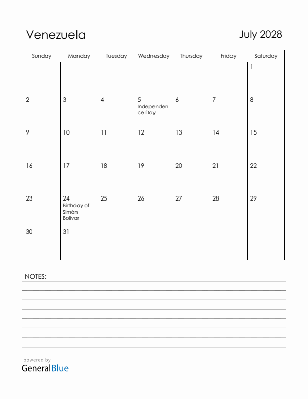 July 2028 Venezuela Calendar with Holidays (Sunday Start)