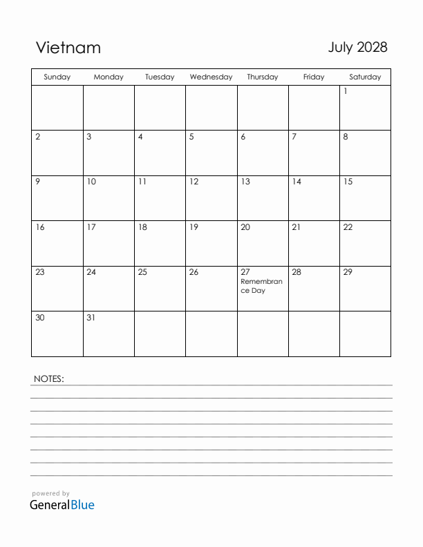 July 2028 Vietnam Calendar with Holidays (Sunday Start)