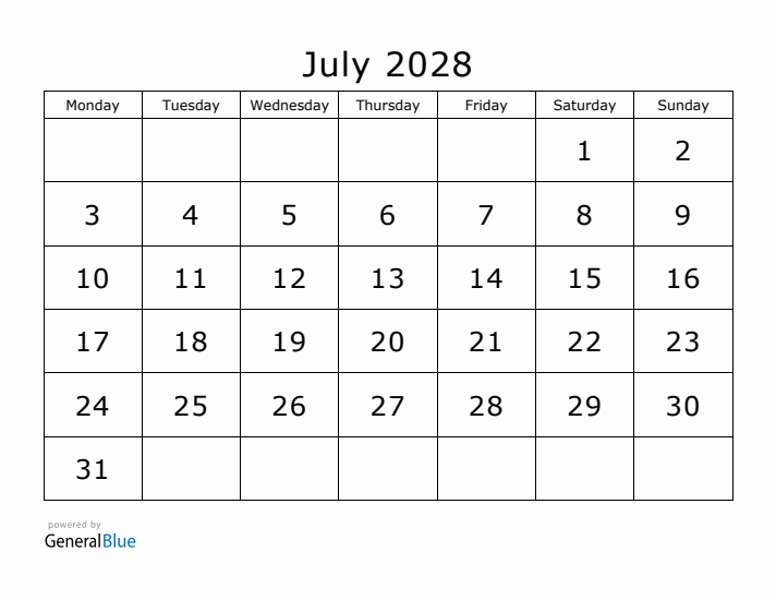 Printable July 2028 Calendar - Monday Start