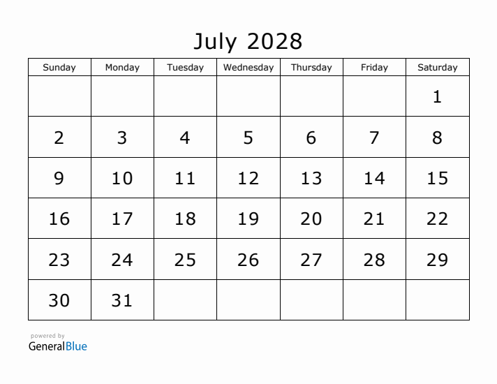 Printable July 2028 Calendar - Sunday Start