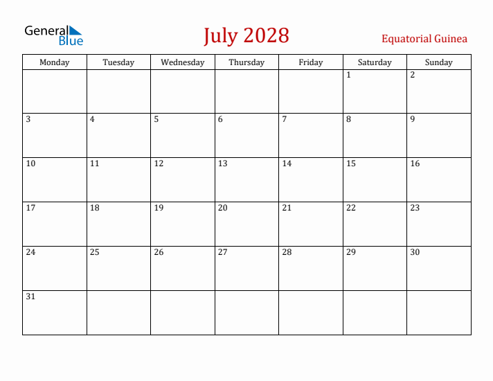 Equatorial Guinea July 2028 Calendar - Monday Start