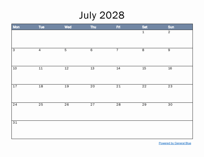 July 2028 Simple Month Calendar Template