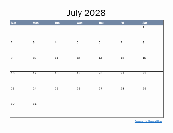 July 2028 Simple Month Calendar Template