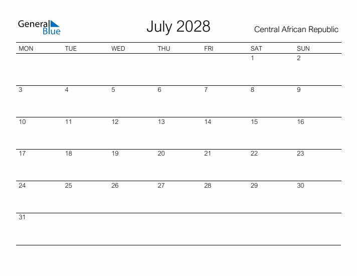 Printable July 2028 Calendar for Central African Republic