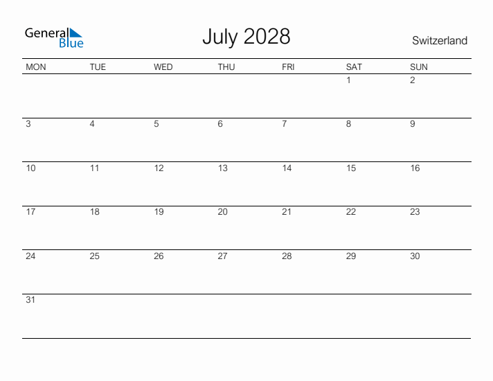 Printable July 2028 Calendar for Switzerland