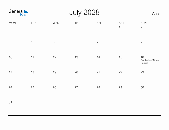 Printable July 2028 Calendar for Chile