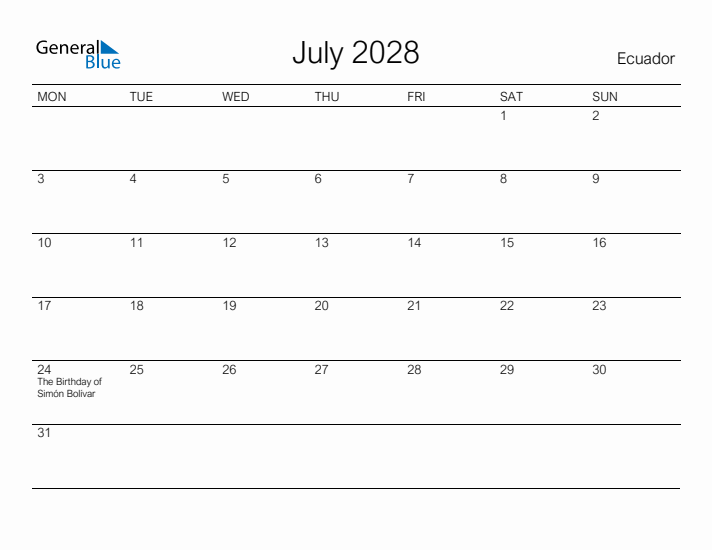 Printable July 2028 Calendar for Ecuador