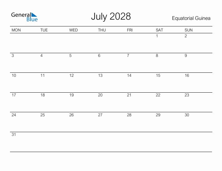 Printable July 2028 Calendar for Equatorial Guinea