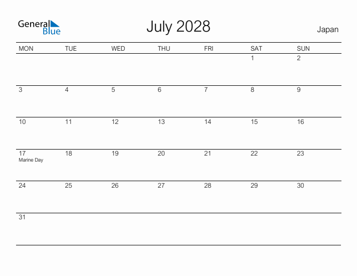 Printable July 2028 Calendar for Japan