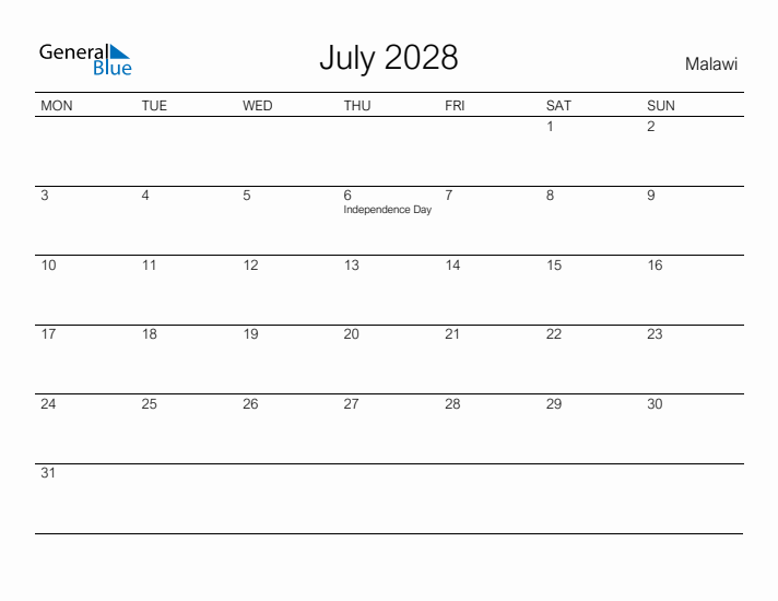 Printable July 2028 Calendar for Malawi