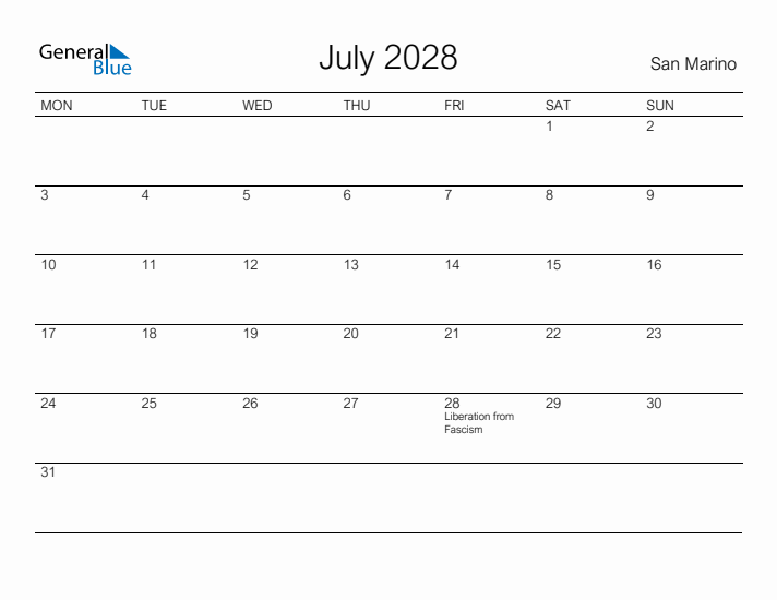 Printable July 2028 Calendar for San Marino