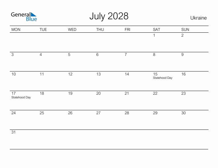 Printable July 2028 Calendar for Ukraine