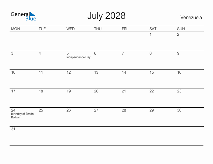 Printable July 2028 Calendar for Venezuela