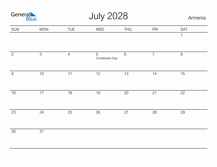 Printable July 2028 Calendar for Armenia