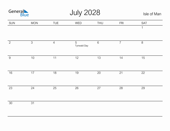 Printable July 2028 Calendar for Isle of Man