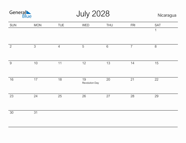 Printable July 2028 Calendar for Nicaragua