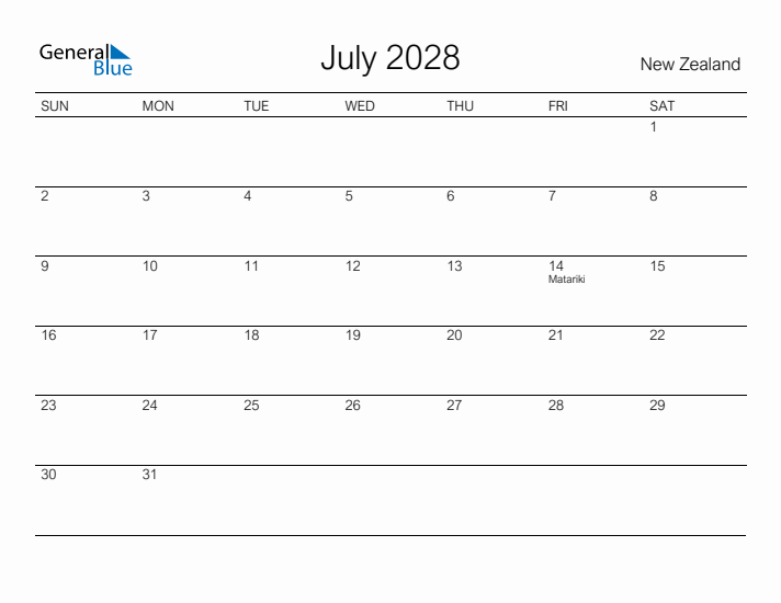 Printable July 2028 Calendar for New Zealand