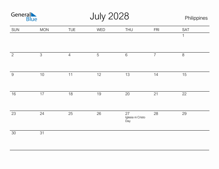 Printable July 2028 Calendar for Philippines