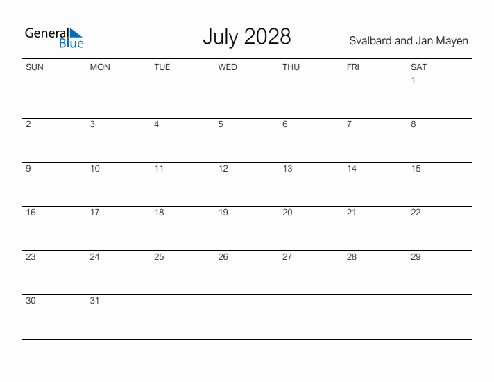 Printable July 2028 Calendar for Svalbard and Jan Mayen