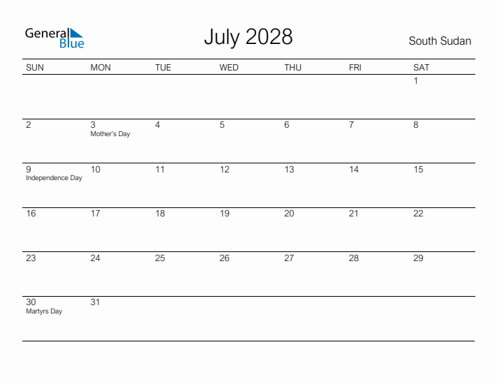 Printable July 2028 Calendar for South Sudan