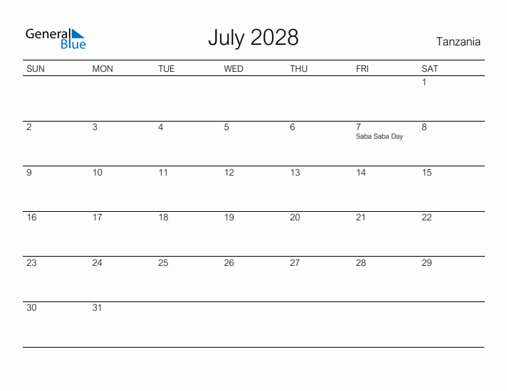 Printable July 2028 Calendar for Tanzania