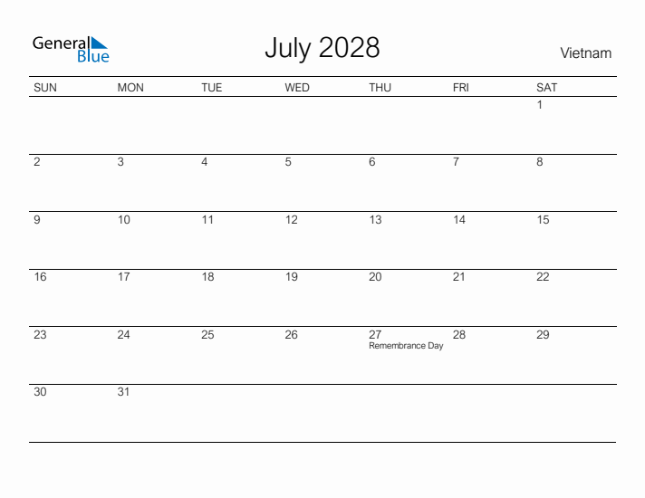 Printable July 2028 Calendar for Vietnam