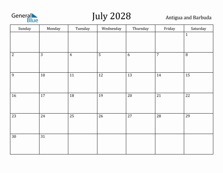 July 2028 Calendar Antigua and Barbuda