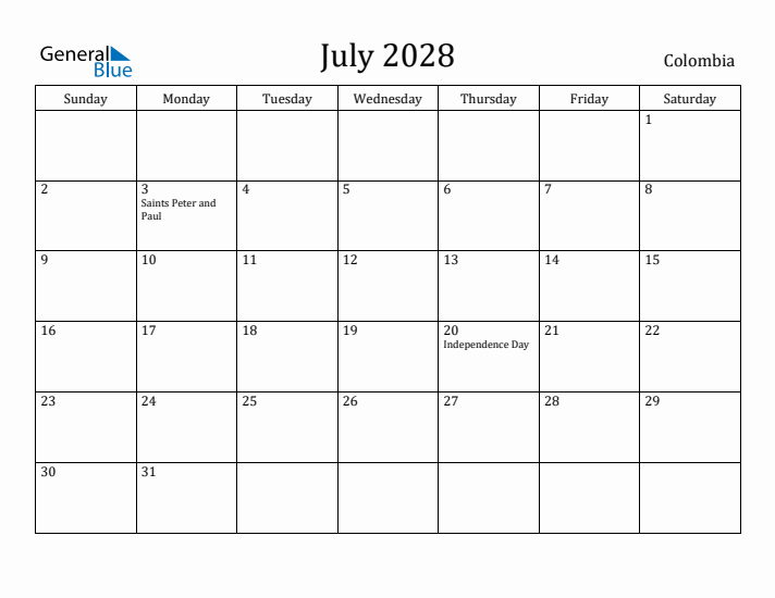 July 2028 Calendar Colombia