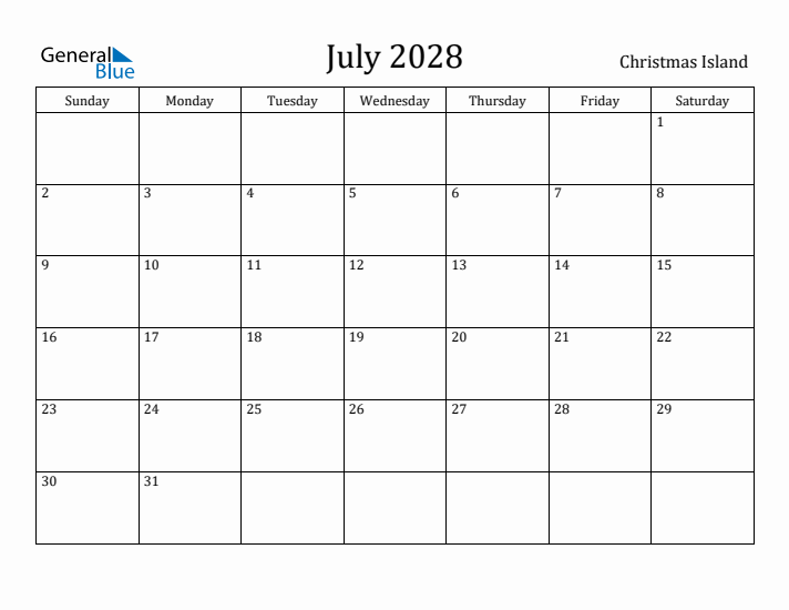 July 2028 Calendar Christmas Island