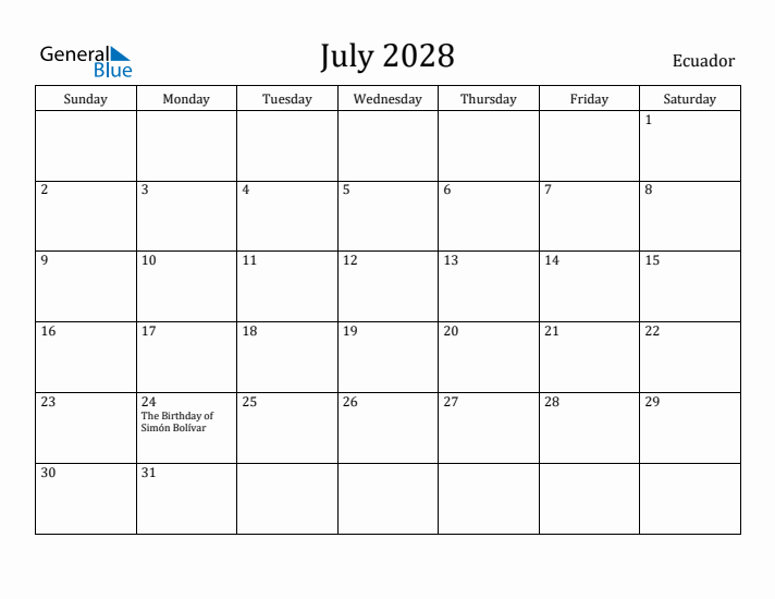 July 2028 Calendar Ecuador