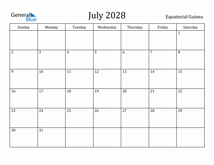 July 2028 Calendar Equatorial Guinea