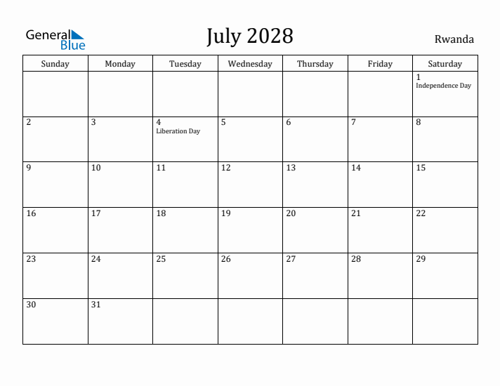 July 2028 Calendar Rwanda