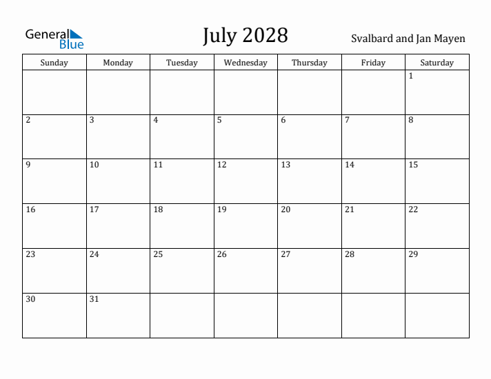 July 2028 Calendar Svalbard and Jan Mayen