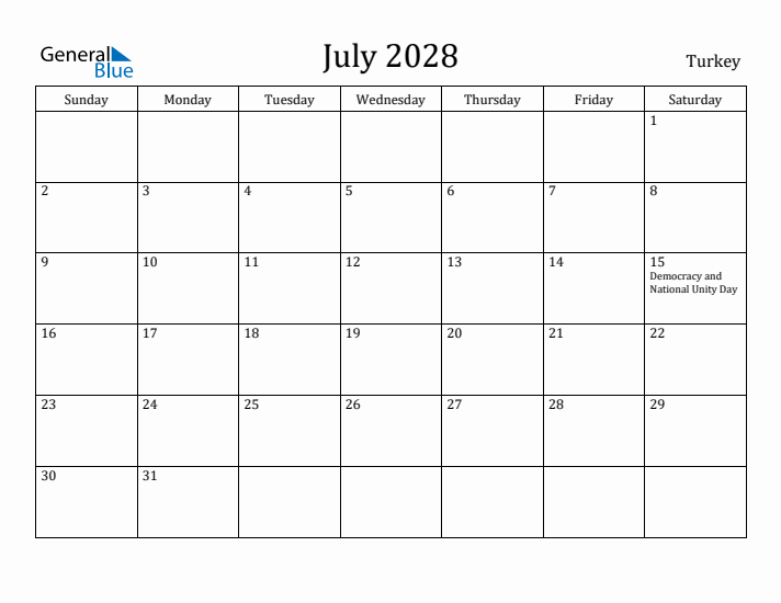 July 2028 Calendar Turkey