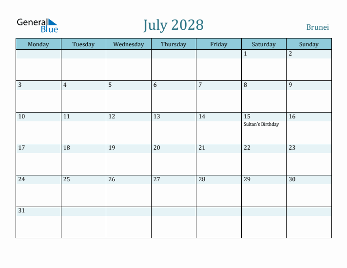 July 2028 Calendar with Holidays