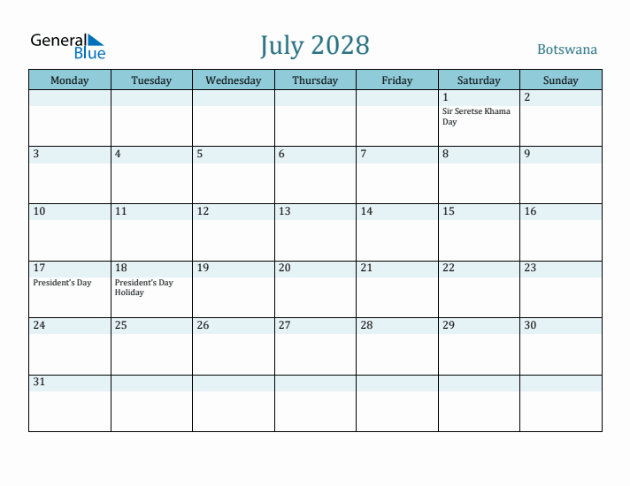 July 2028 Calendar with Holidays