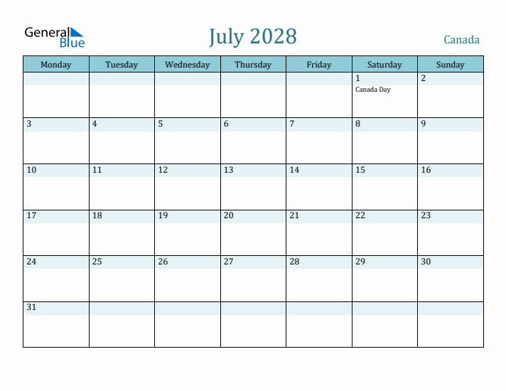 July 2028 Calendar with Holidays