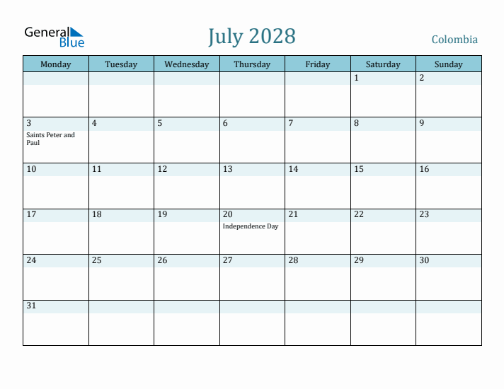 July 2028 Calendar with Holidays