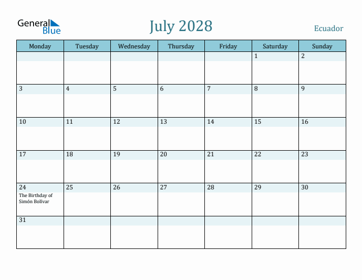 July 2028 Calendar with Holidays