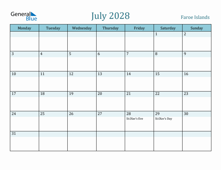 July 2028 Calendar with Holidays