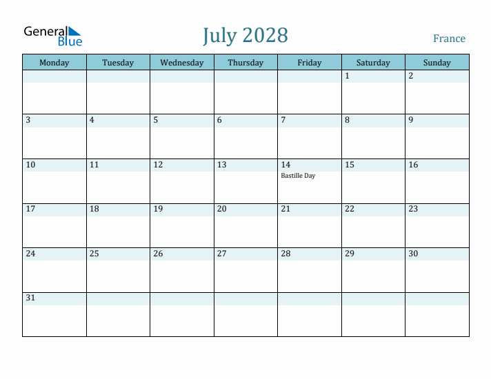 July 2028 Calendar with Holidays