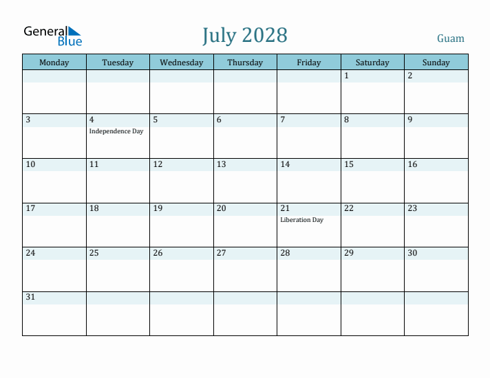 July 2028 Calendar with Holidays