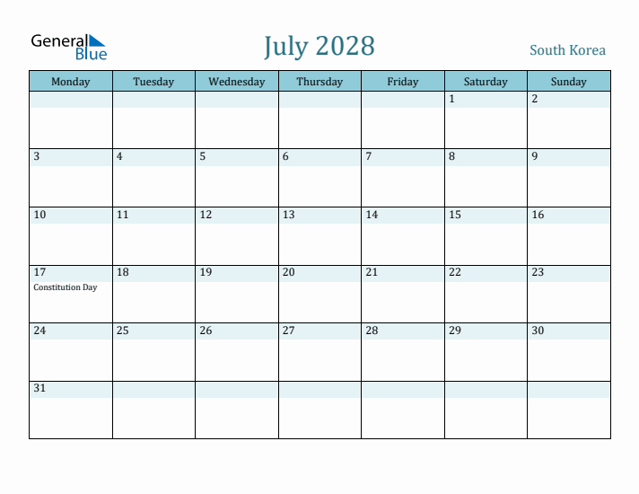 July 2028 Calendar with Holidays