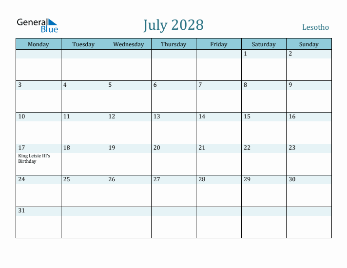 July 2028 Calendar with Holidays