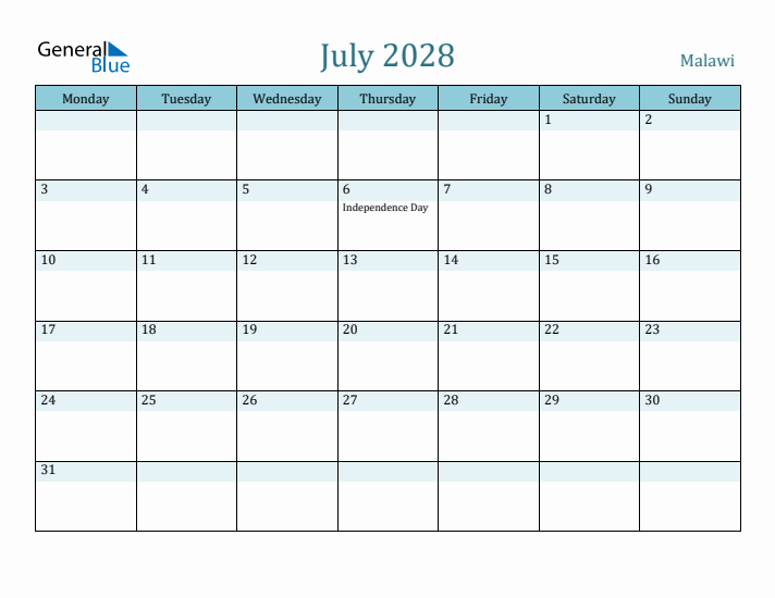 July 2028 Calendar with Holidays