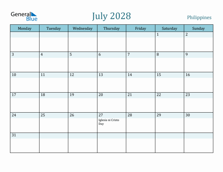 July 2028 Calendar with Holidays