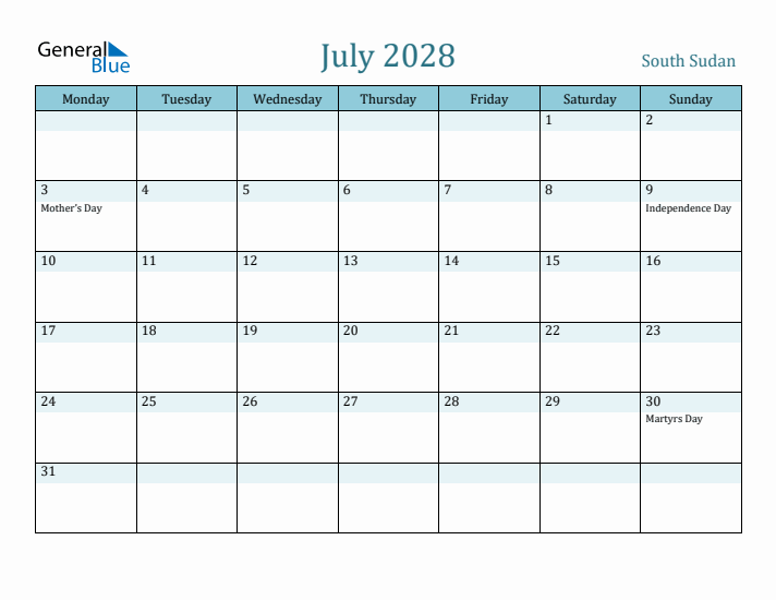 July 2028 Calendar with Holidays