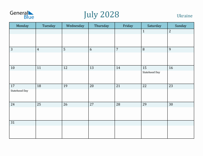 July 2028 Calendar with Holidays