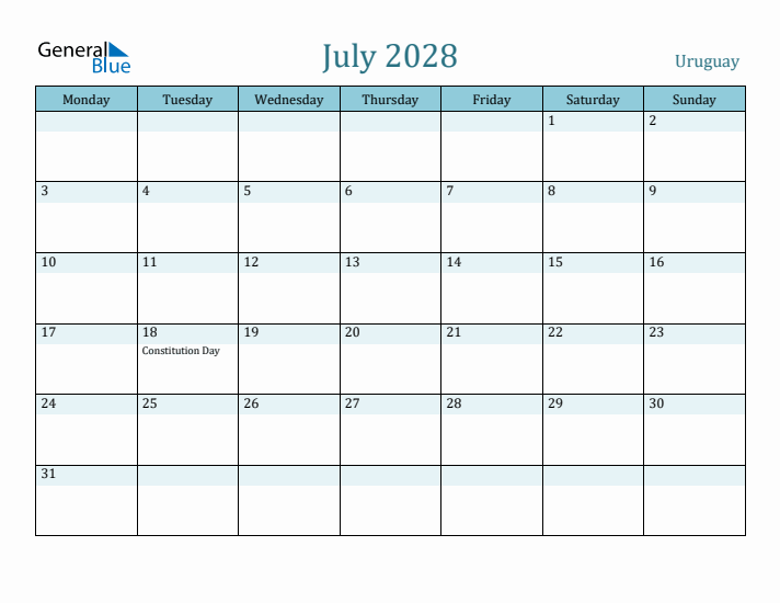 July 2028 Calendar with Holidays