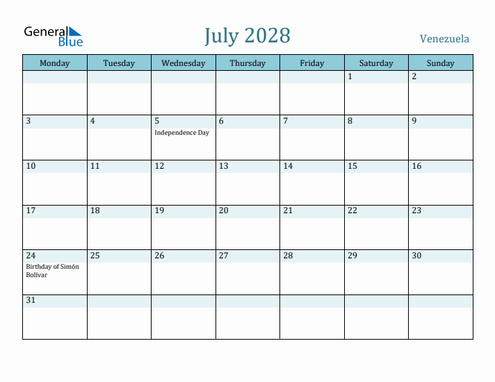 July 2028 Calendar with Holidays